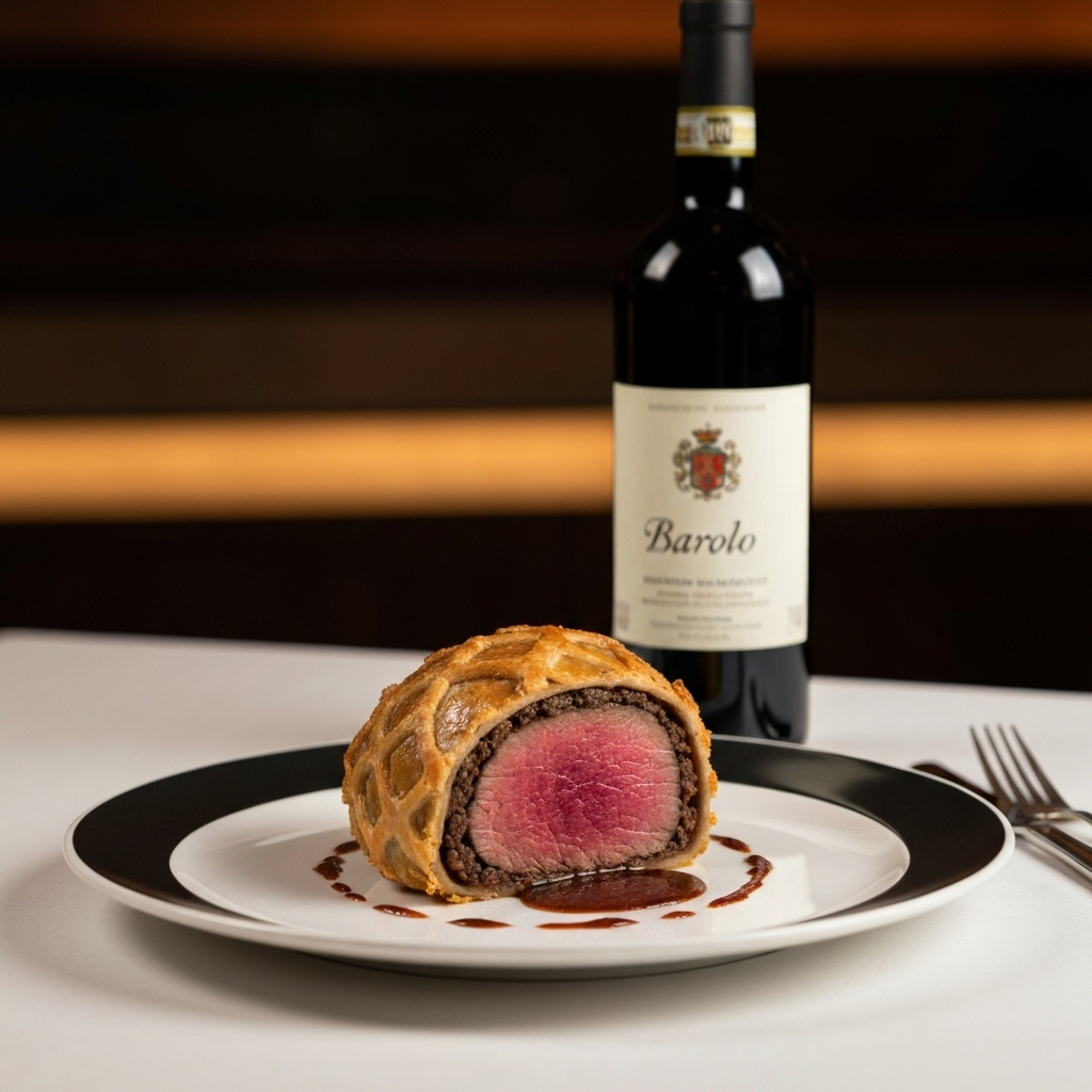 Beef Wellington med Barolo-vinflaska